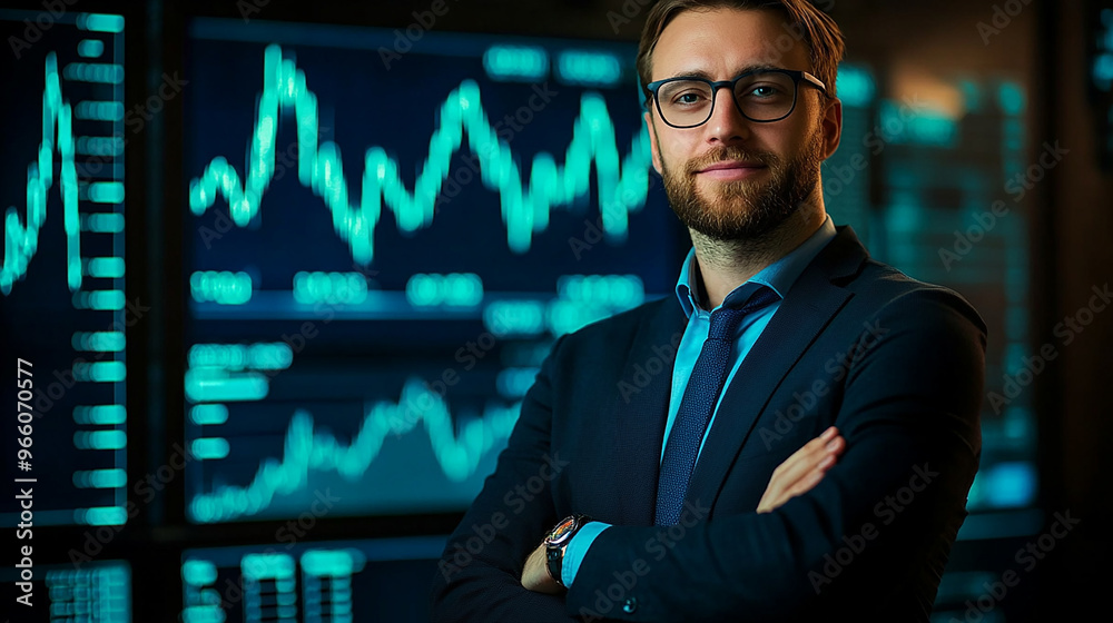 Fototapeta premium Businessman with arms crossed in front of a stock market graph modern portrait investment background analysis