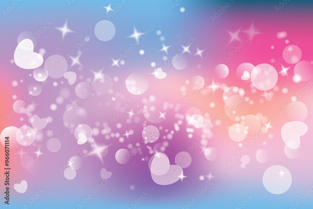 Pink unicorn galaxy with bokeh heart and stars. Cute fantasy purple background with pastel gradient and glitter. Vector dreamy space with fairy holographic texture
