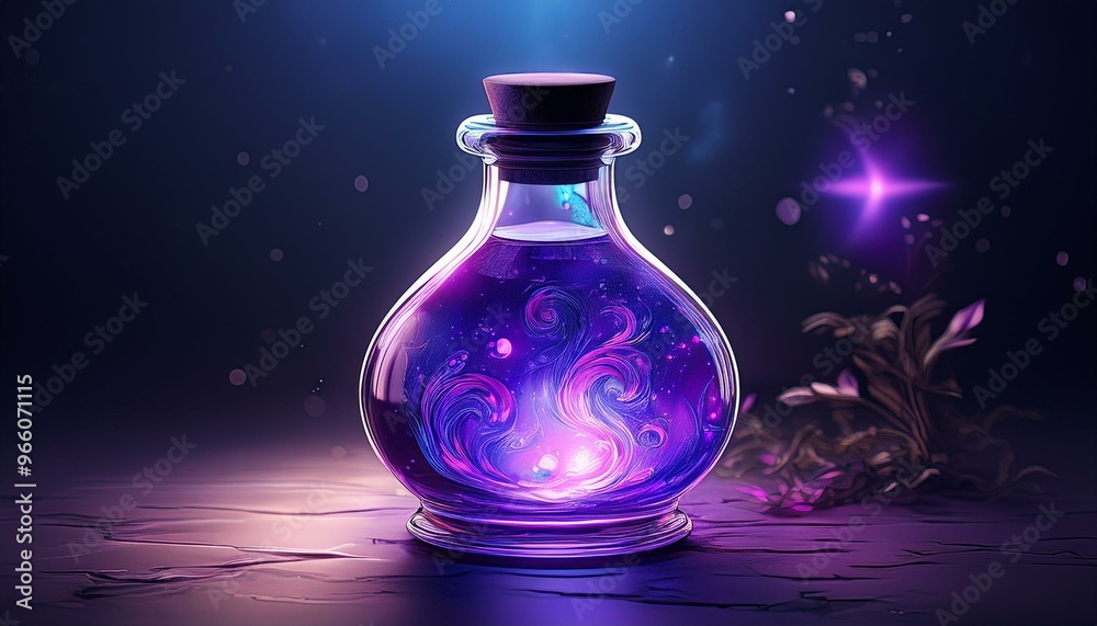 A magical potion in a glass bottle with glowing purple liquid. A magical potion in a glass bottle with glowing purple liquid.