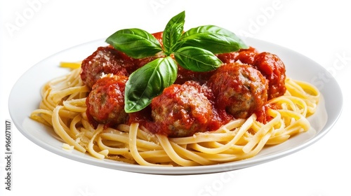 Classic pasta with meatballs and sauce, isolated on white background in PNG format, garnished with fresh basil for a mouthwatering food concept