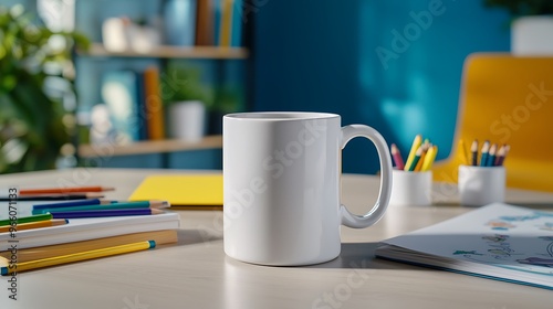 A white mug mockup sits on a wooden table, surrounded by colorful pencils and books.