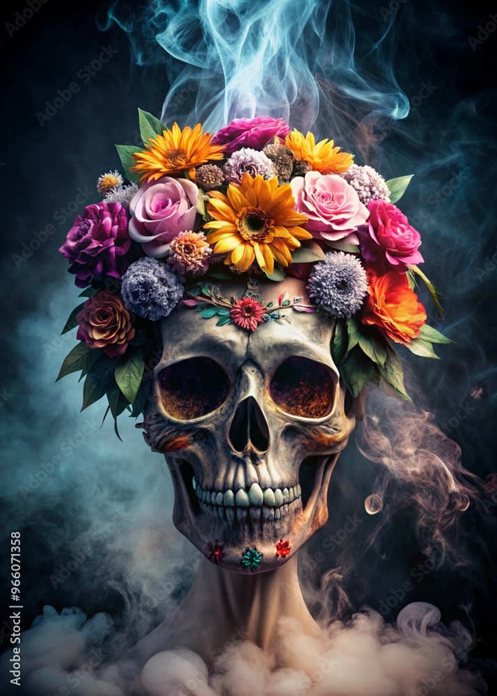 Stylish Day of the Dead Skull Adorned with Colorful Flowers for Cultural Celebrations and Artistic Displays Stylish Day of the Dead Skull Adorned with Colorful Flowers for Cultural Celebrations and Artistic Displays