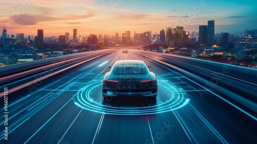 A self-driving car navigates a city highway at night, showcasing futuristic technology with glowing blue lines. photo