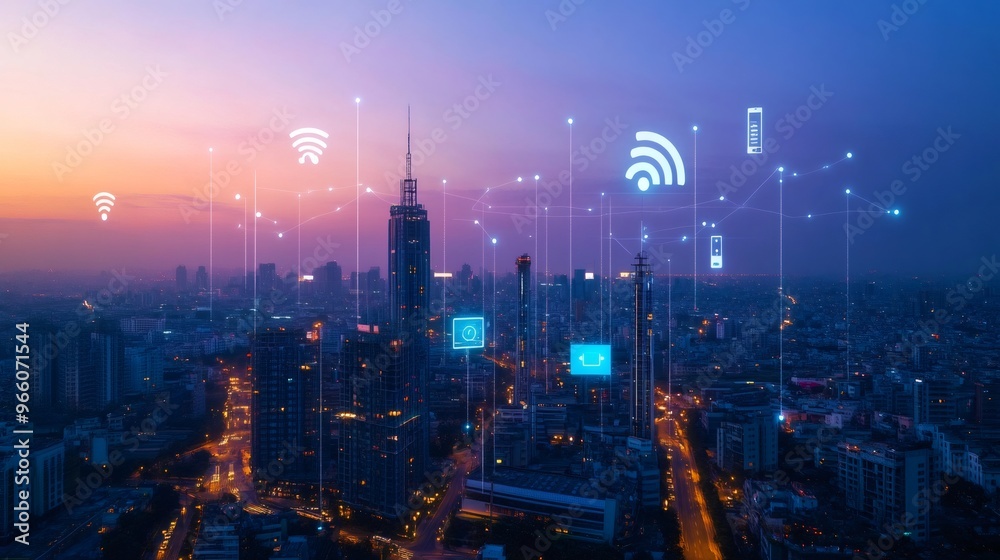 Fototapeta premium An aerial view of a city skyline with glowing wifi and mobile phone icons in the sky at dusk.