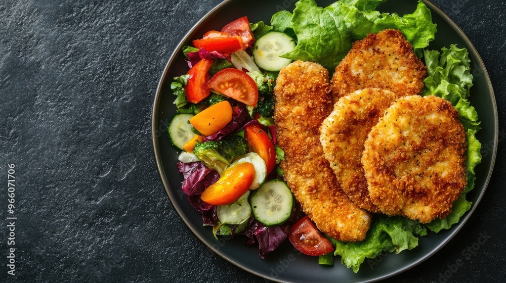 Fototapeta premium Flat lay of golden chicken schnitzel paired with a colorful vegetable salad, placed on a plate over a dark textured surface. Perfect for food and dining themes