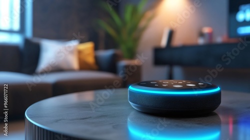 Black smart speaker with blue light on a coffee table in a living room.