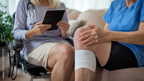 Doctor consulting an elderly patient with knee injury in a clinic