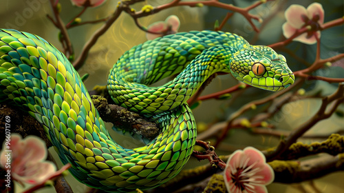 A green snake crawls on the branches of flowering trees. A venomous snake in close-up. Snake hunting. Snake Scales. The Year of the Snake