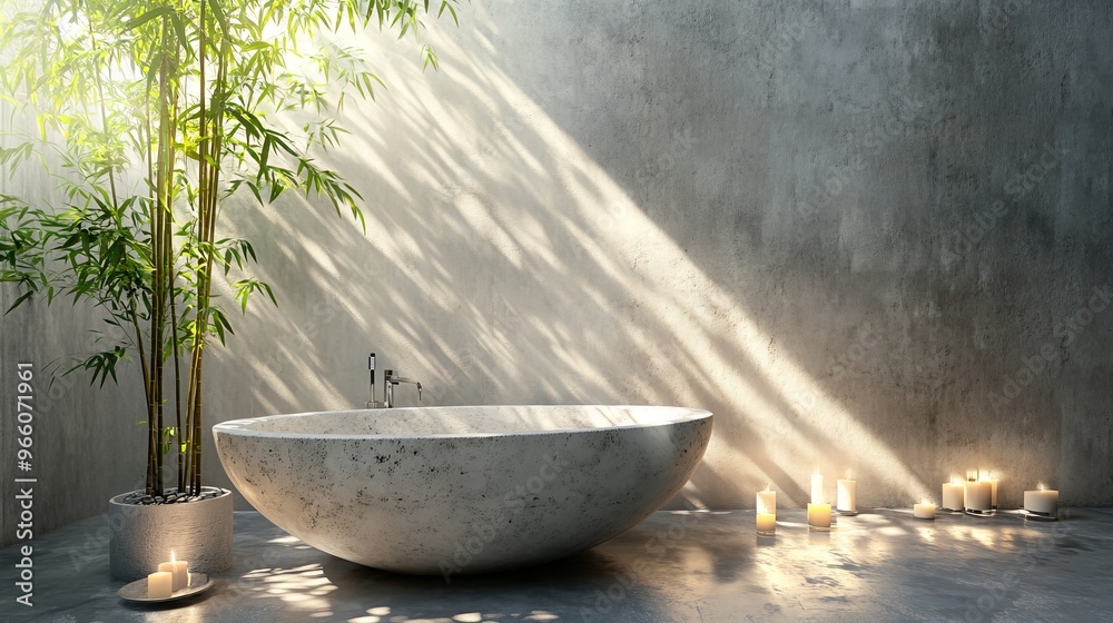 3D Rendering of an Outdoor Bathroom with Marble Bathtub and Bamboo Plant - AI generated illustration