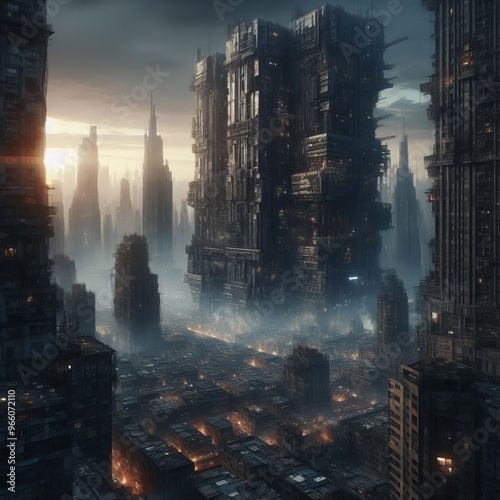 Dystopian City Dark and gritty with decaying buildings and pollu