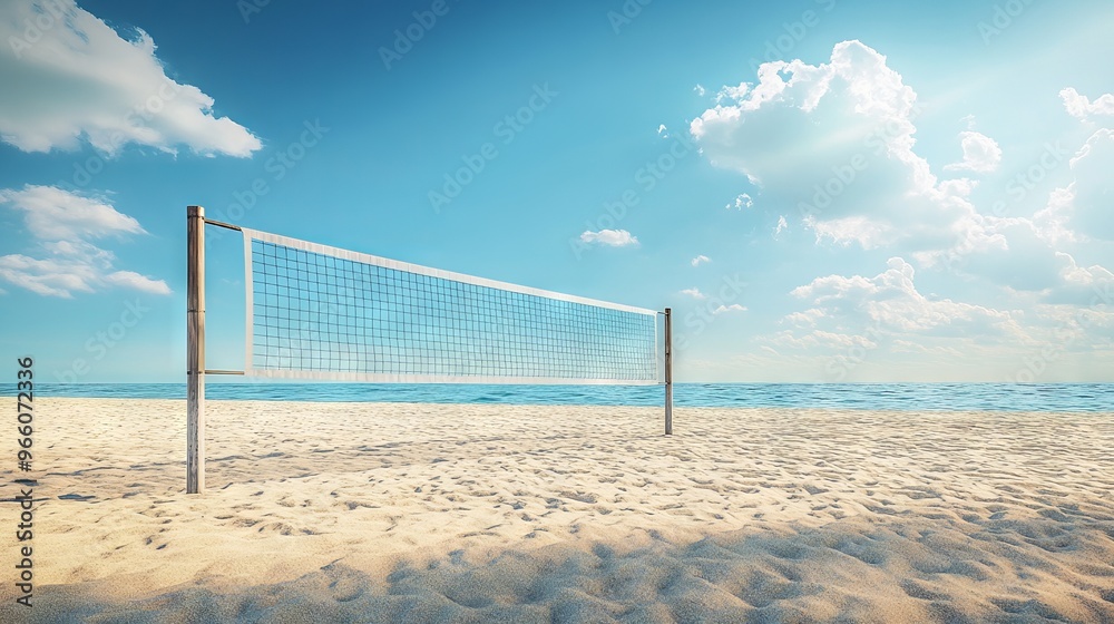 Beach Volleyball Court with Blue Sky and Sea Background - AI generated illustration