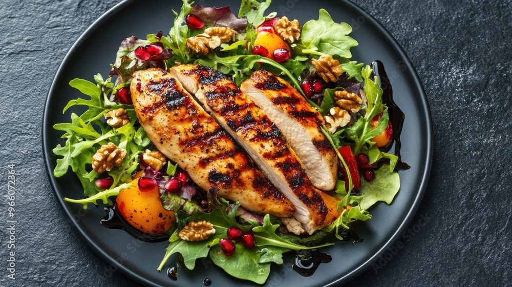 Flat lay photo of a grilled chicken breast fillet with a colorful mix salad topped with walnuts and pomegranate, served with balsamic sauce on a dark stone surface Flat lay photo of a grilled chicken breast fillet with a colorful mix salad topped with walnuts and pomegranate, served with balsamic sauce on a dark stone surface