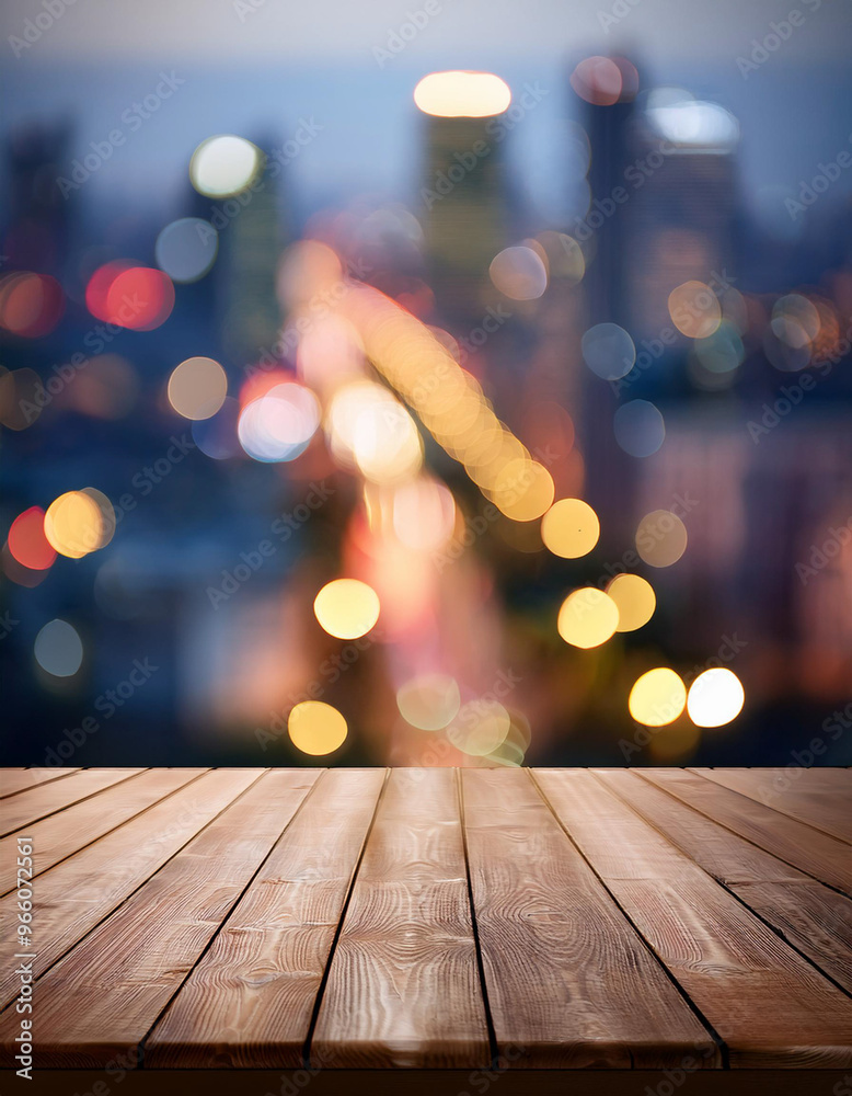 empty brown wooden floor or wood board table with blurred abstract night light bokeh background, copy space for display of product or object presentation empty brown wooden floor or wood board table with blurred abstract night light bokeh background, copy space for display of product or object presentation