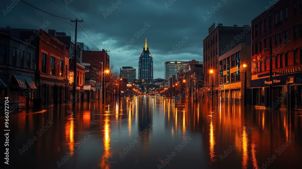 Fototapeta premium Flooded downtown Nashville at dusk, with streetlights reflecting off the water, capturing the surreal and eerie atmosphere of the event