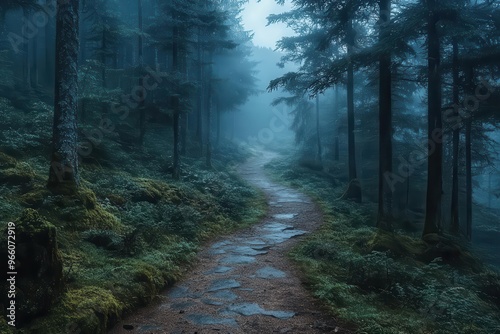 misty forest path winding through towering evergreens ethereal fog swirling around mosscovered trunks and branches photo