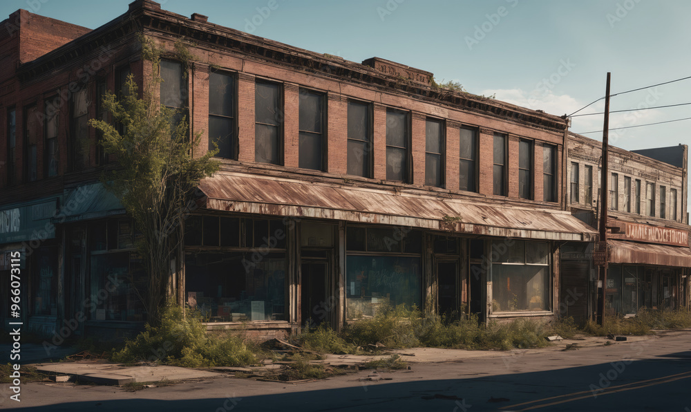A row of abandoned storefronts in a small town, overgrown with weeds and shrubs A row of abandoned storefronts in a small town, overgrown with weeds and shrubs