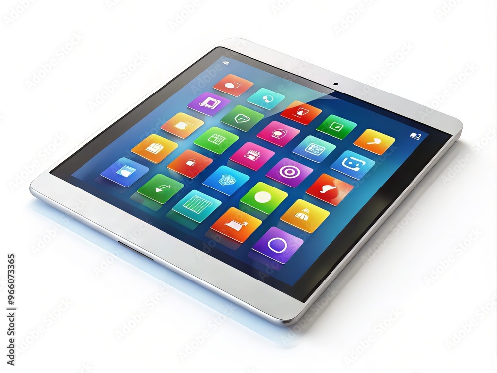 A modern digital tablet displays a sleek, minimalist mockup user interface design with bold icons, clean typography, A modern digital tablet displays a sleek, minimalist mockup user interface design with bold icons, clean typography,