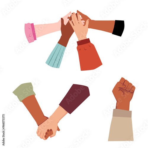 International people stick together vector flat set, human rights, equality community tolerance held hands gesture, fist
