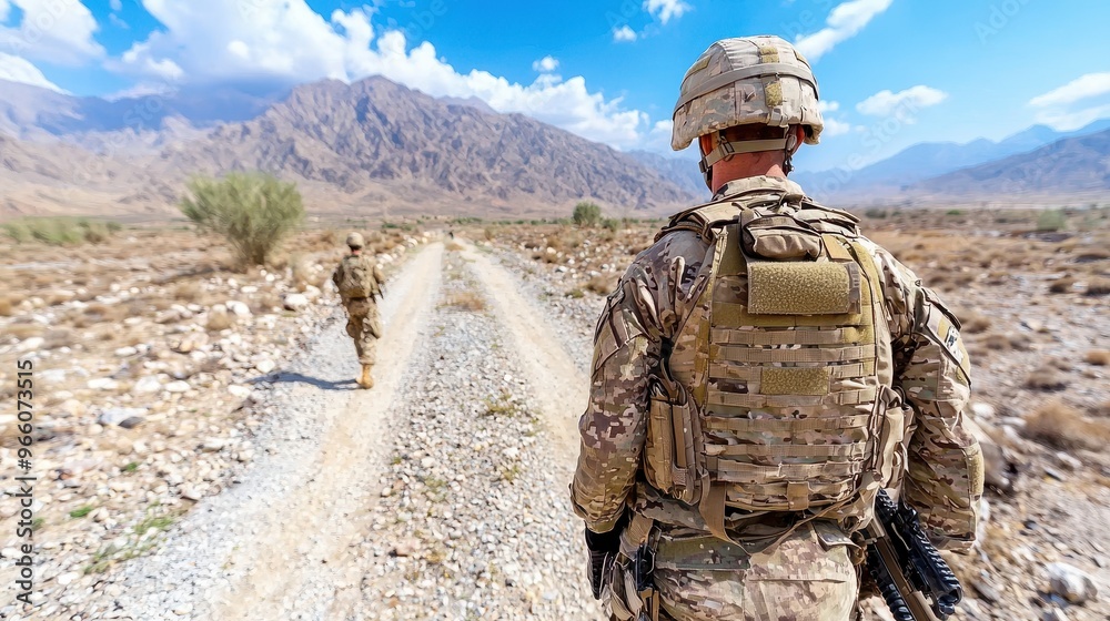 Brave Soldier on Stealth Reconnaissance Mission in Arid Desert Landscape Brave Soldier on Stealth Reconnaissance Mission in Arid Desert Landscape
