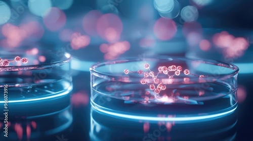 Close-up of petri dishes with glowing microorganisms, showcasing vibrant colors and advanced scientific research.