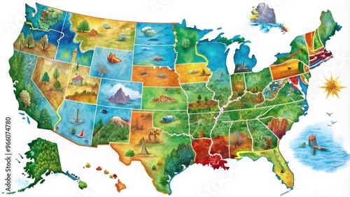 Highly detailed illustration of the contiguous United States, showcasing all 48 states, major cities, roads, rivers, and mountains with vibrant colors and precise geographical accuracy. photo