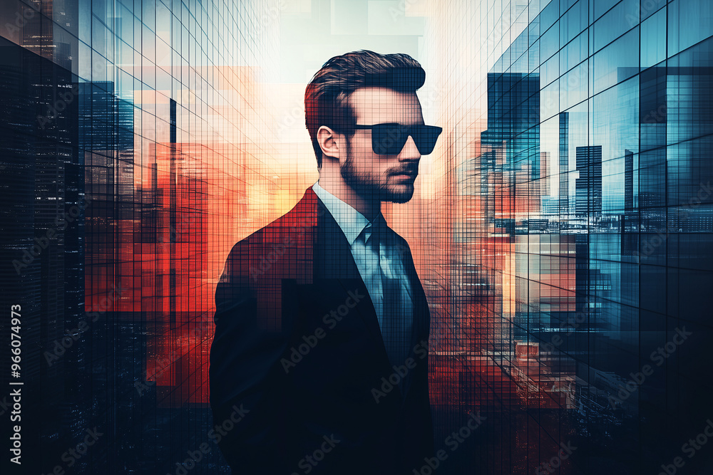 Man in cityscape with digital pixel effect Man in cityscape with digital pixel effect