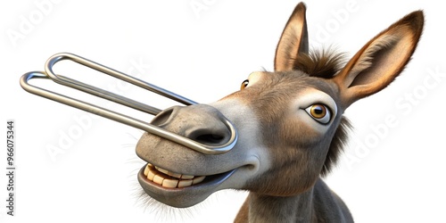 Humorous Cartoon Of A Braying Donkey Wearing A Large, Comical Paperclip Around Its Neck photo