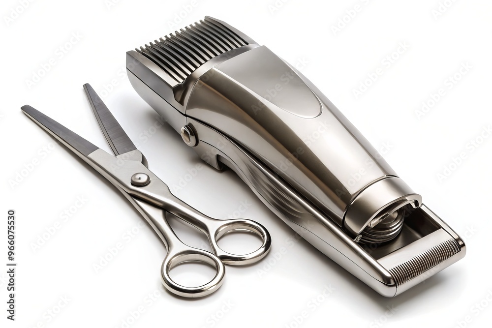 A modern, sleek set of stainless steel barber clippers holds a sharp stainless steel clip, isolated on a