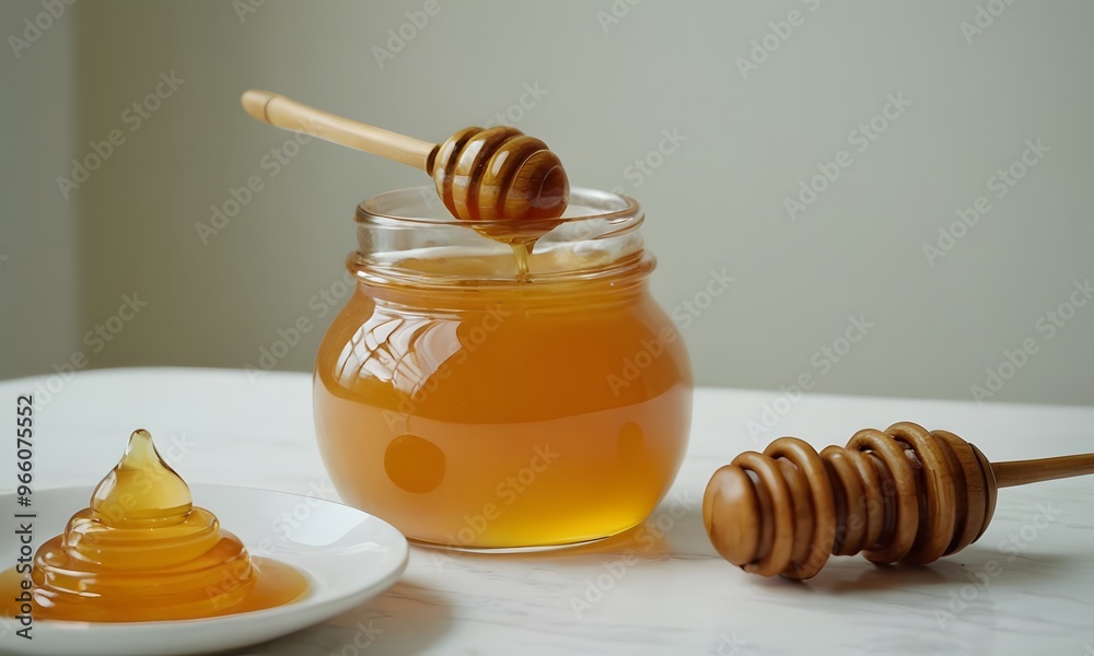 Artisan Honey Jar on White Desk, Generative AI Artisan Honey Jar on White Desk, Generative AI