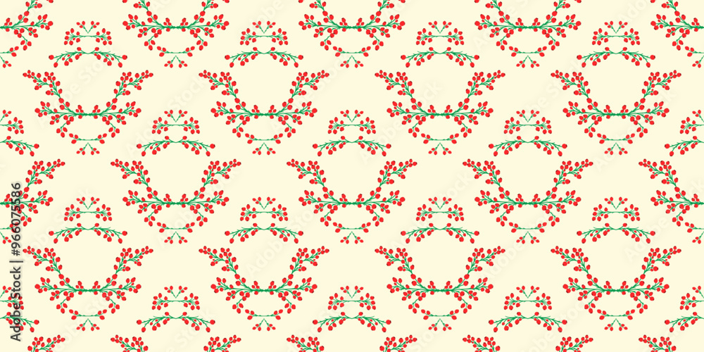 Vector seamless pattern of various small red berries, single and twigs. Germs of rowan, viburnum, blueberry, lingonberry, cranberry. Botanical texture hand drawn in flat doodle style Vector seamless pattern of various small red berries, single and twigs. Germs of rowan, viburnum, blueberry, lingonberry, cranberry. Botanical texture hand drawn in flat doodle style