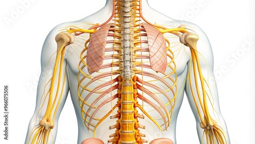 Illustration of the human spinal cord, showcasing its anatomy with detailed labeled sections, nerves, and vertebrae, on a clean white background.