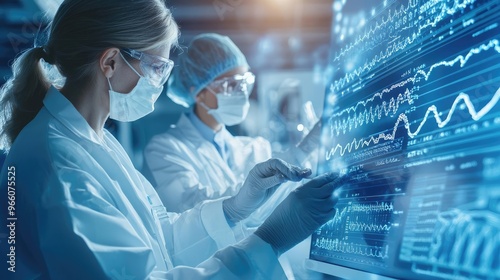 Two scientists analyze data on a digital screen in a laboratory setting, wearing protective masks and lab coats.