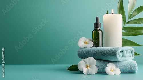 Spa wellness products with towels and flowers stand out against a soothing teal background. photo