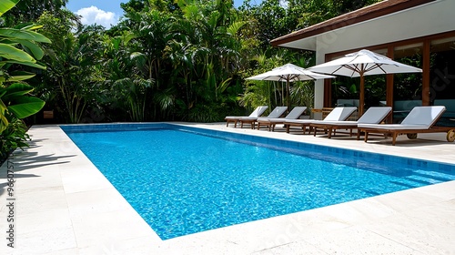 A luxury villa�s swimming pool is framed by loungers and lush tropical plants. photo