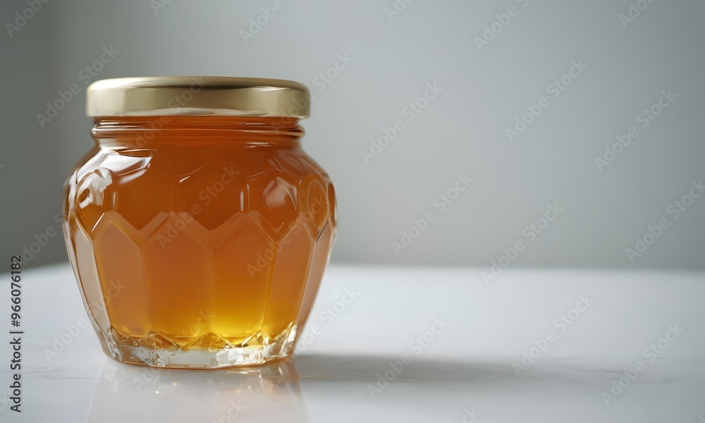 Pure Honey Jar on White Desk, Generative AI Pure Honey Jar on White Desk, Generative AI