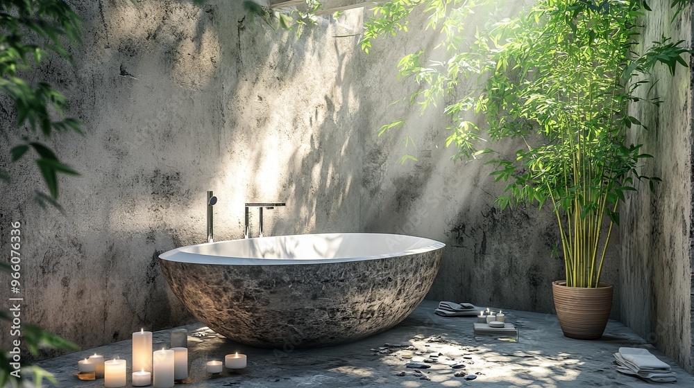 3D Rendering of an Outdoor Bathroom with Marble Bathtub and Bamboo Plant - AI generated illustration 3D Rendering of an Outdoor Bathroom with Marble Bathtub and Bamboo Plant - AI generated illustration