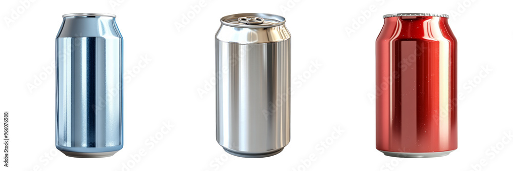 Set of metal beverage cans in red blue and silver colors isolated on transparent background
