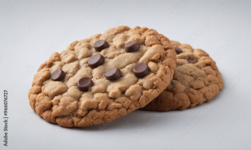 Two chocolate chip cookies, one on top of the other, sit on a white surface Two chocolate chip cookies, one on top of the other, sit on a white surface