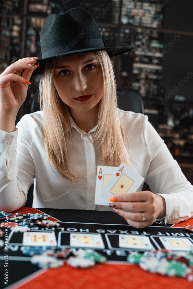Fototapeta premium Pretty young women posing at playing table in casino