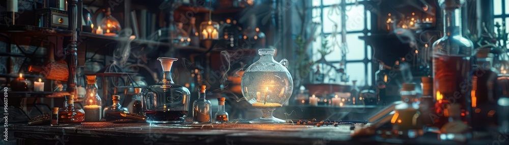 A mystic alchemy lab with glowing potions, old books, and glass bottles, under the soft light of the evening through the window. A mystic alchemy lab with glowing potions, old books, and glass bottles, under the soft light of the evening through the window.