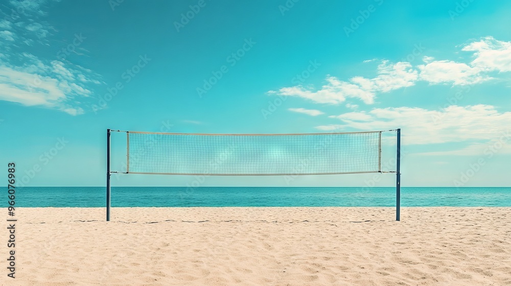 Beach Volleyball Court with Blue Sky and Sea Background - AI generated illustration Beach Volleyball Court with Blue Sky and Sea Background - AI generated illustration