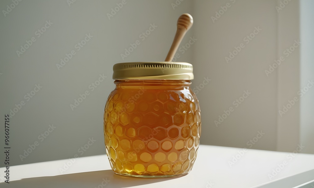 Fresh Honey Jar on Clean White Desk, Generative AI Fresh Honey Jar on Clean White Desk, Generative AI