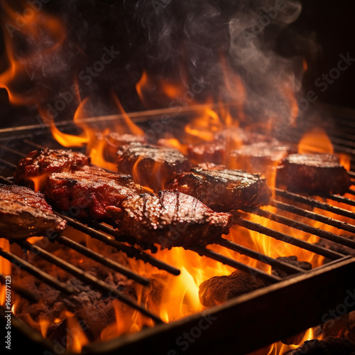 photo flame grilling meat on a glowing coal grill