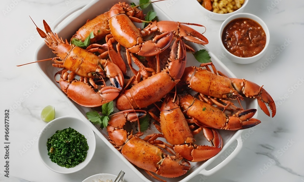Freshly Grilled Lobsters Dish Served on White Desk, Generative AI Freshly Grilled Lobsters Dish Served on White Desk, Generative AI