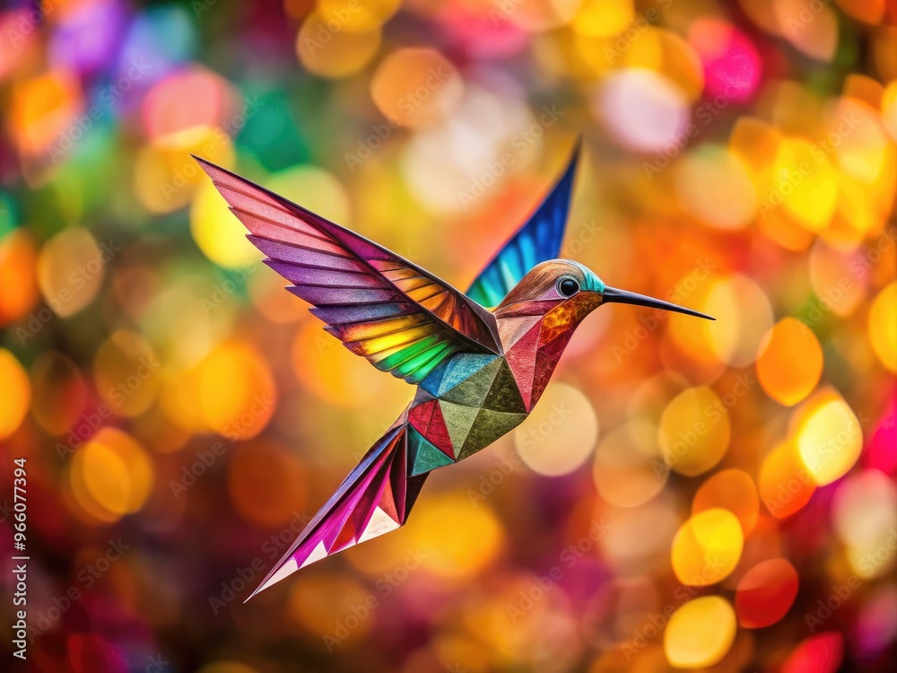 Intricate Origami Hummingbird With Vibrant, Geometric Patterns Adorns A Vibrant, Blurry Background. Intricate Origami Hummingbird With Vibrant, Geometric Patterns Adorns A Vibrant, Blurry Background.