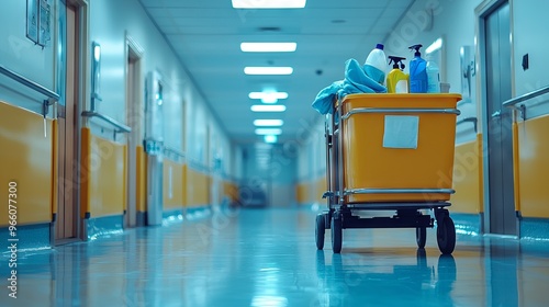 Janitor cart in a clean hospital hallway