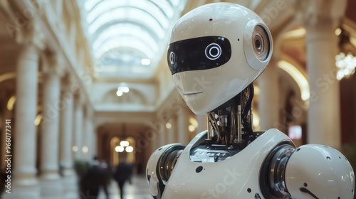 Close up of a white robot with black eyes standing in a large hallway.