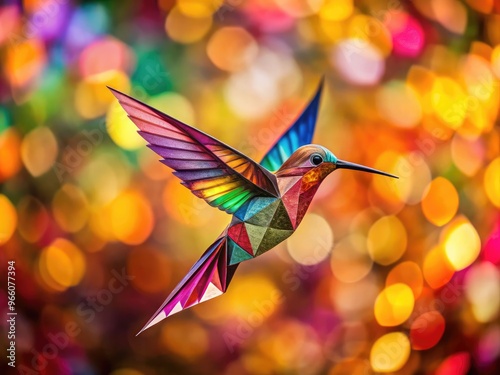 Intricate Origami Hummingbird With Vibrant, Geometric Patterns Adorns A Vibrant, Blurry Background. photo