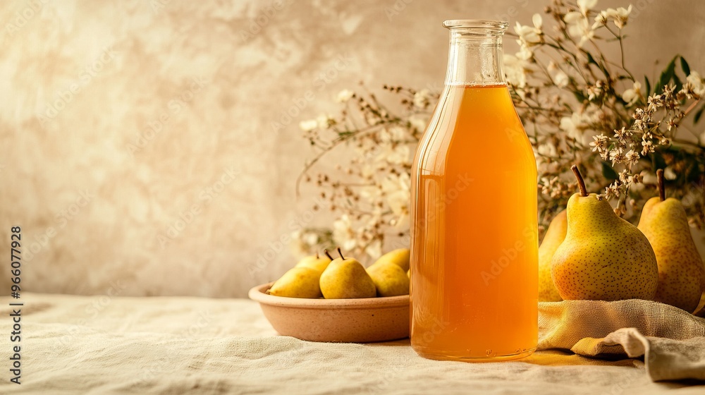 Large Glass Bottle of Honey with Pears and Flowers in Soft Sunlight - AI generated illustration Large Glass Bottle of Honey with Pears and Flowers in Soft Sunlight - AI generated illustration