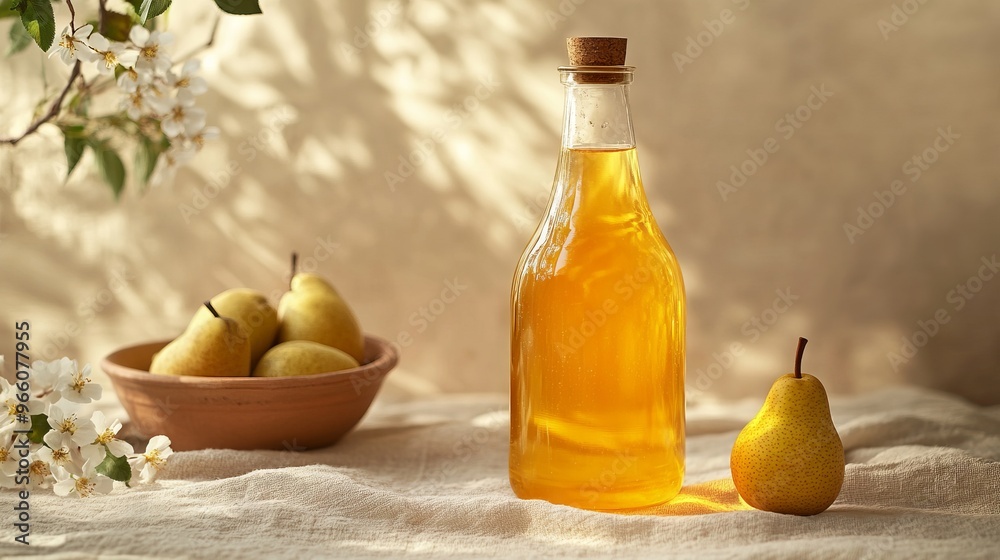 Large Glass Bottle of Honey with Pears and Flowers in Soft Sunlight - AI generated illustration Large Glass Bottle of Honey with Pears and Flowers in Soft Sunlight - AI generated illustration